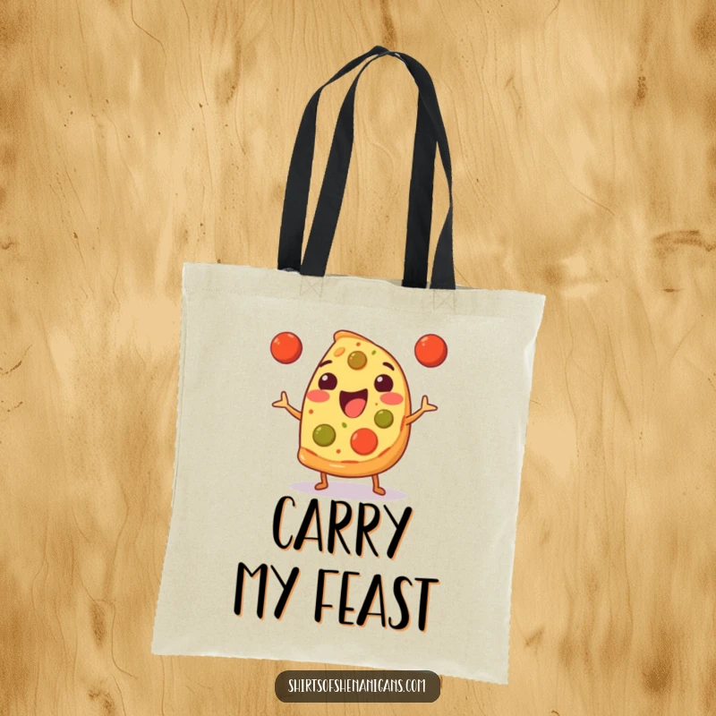 Funny Tote Bag: Happy pizza slice juggling tiny meatballs, a humorous and practical shopping bag.