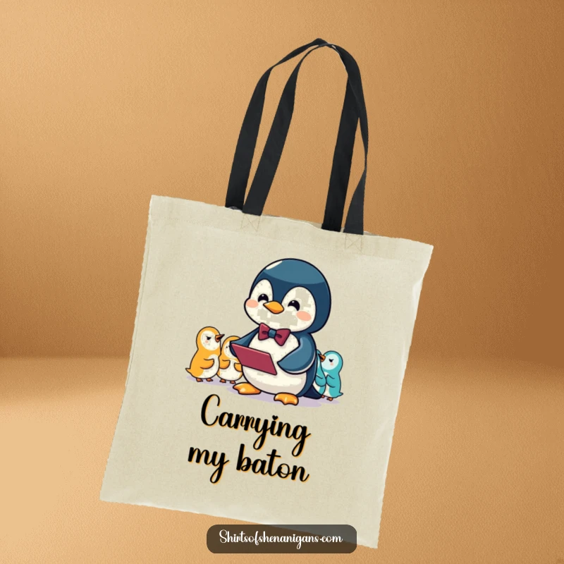 Funny tote bag with a penguin wearing a bowtie, charmingly conducting an orchestra of squeaks, a musical delight.