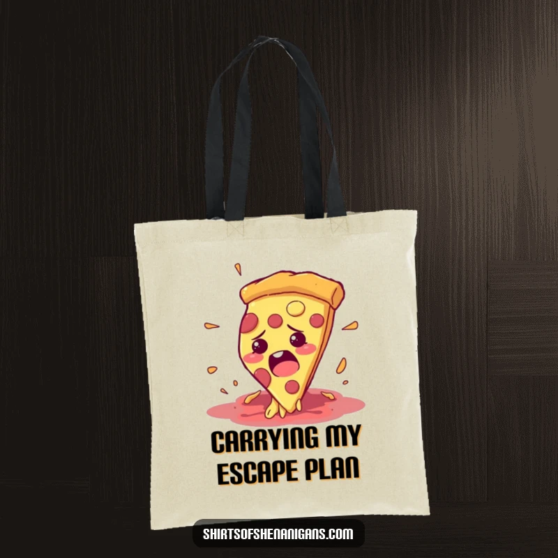 Funny tote bag with a bewildered pizza slice comically escaping a hungry mouth, a humorous accessory.