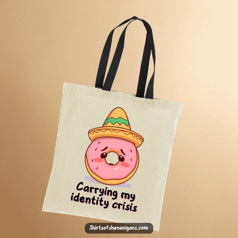 Funny Doughnut Sombrero Tote Bag with a confused doughnut wearing a miniature sombrero, a stylish and funny gift for carrying essentials.