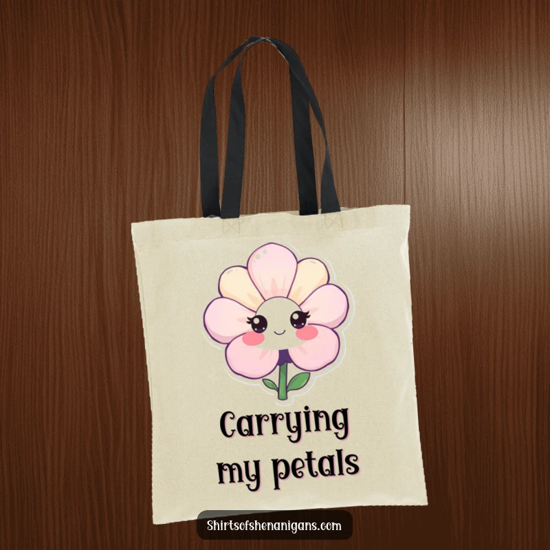 Funny tote bag with a shy flower smiling gently, perfect for carrying essentials with a touch of sweet, introverted humor.