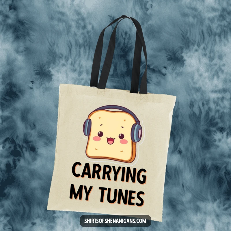 Funny tote bag showcasing a startled piece of toast with oversized headphones, a humorous accessory.