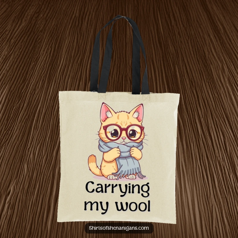 Funny Cat Knitting Tote Bag: A cat wearing oversized glasses attempts to knit a giant scarf, a funny and practical tote.