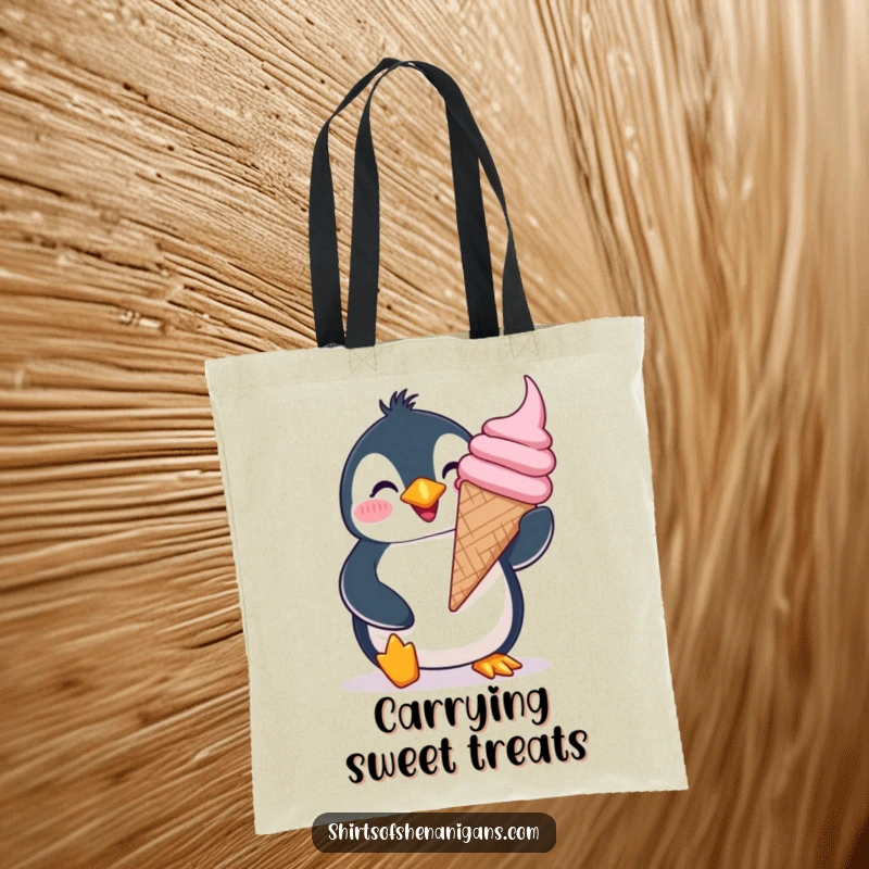 Funny giddy penguin tote bag, balancing a giant ice cream cone with a silly grin, perfect for cheerful errands.