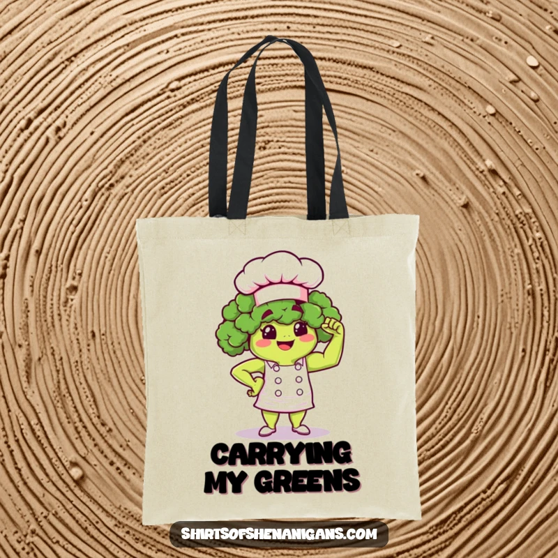 Funny Broccoli Chef Tote Bag: Proud broccoli flexing muscle, a strong and funny accessory for grocery shopping.