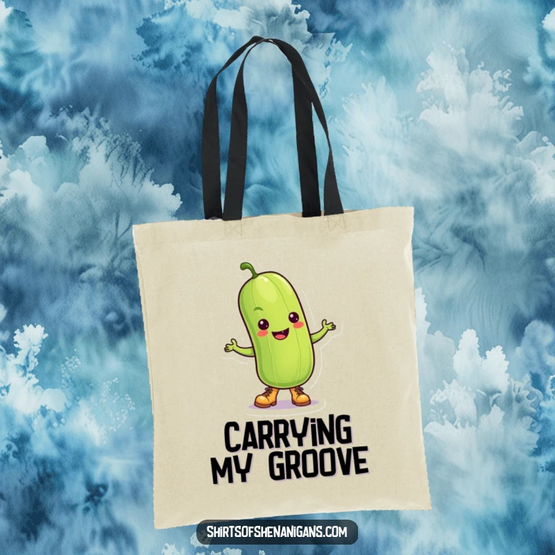 Funny Pickle Tote Bag: A dancing pickle wearing tiny boots, ready to carry your items with pizzazz.