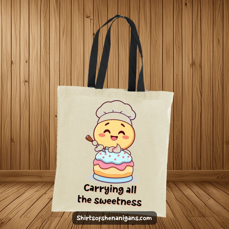 Funny Donut Chef Tote Bag: Giggling donut character frosting a cake, a fun and functional accessory.