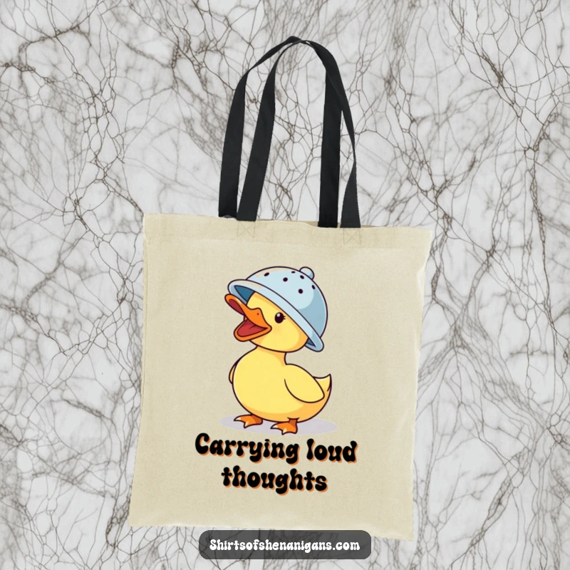 Funny tote bag: Quacking duck wearing a colander hat, a humorous and practical accessory for carrying essentials.