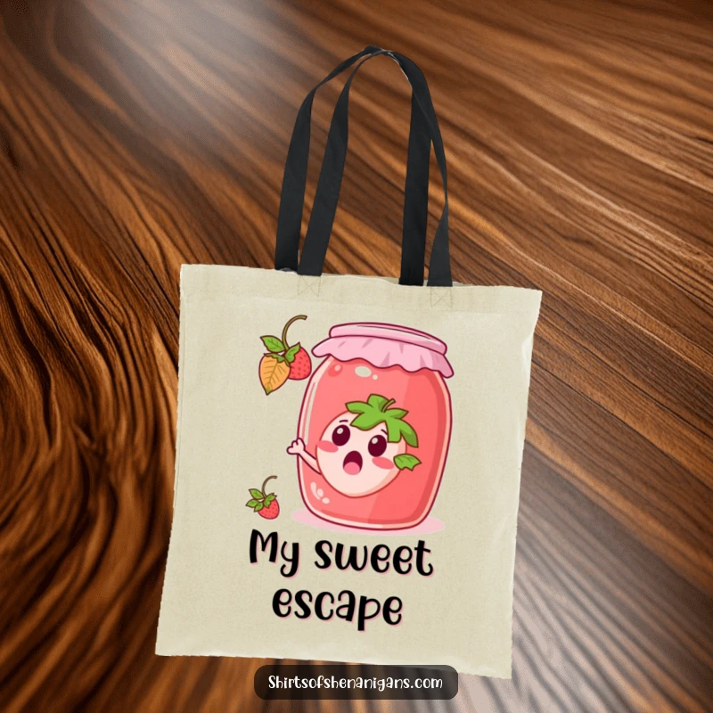 Funny Tote Bag: Surprised strawberry escaping a giant jam jar, a humorous and practical shopping bag.