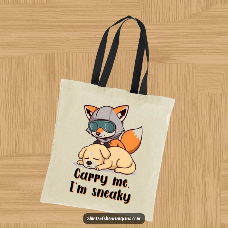 Funny tote bag with a fox in a funny disguise, sneaking past a dog, perfect for humorous errands.
