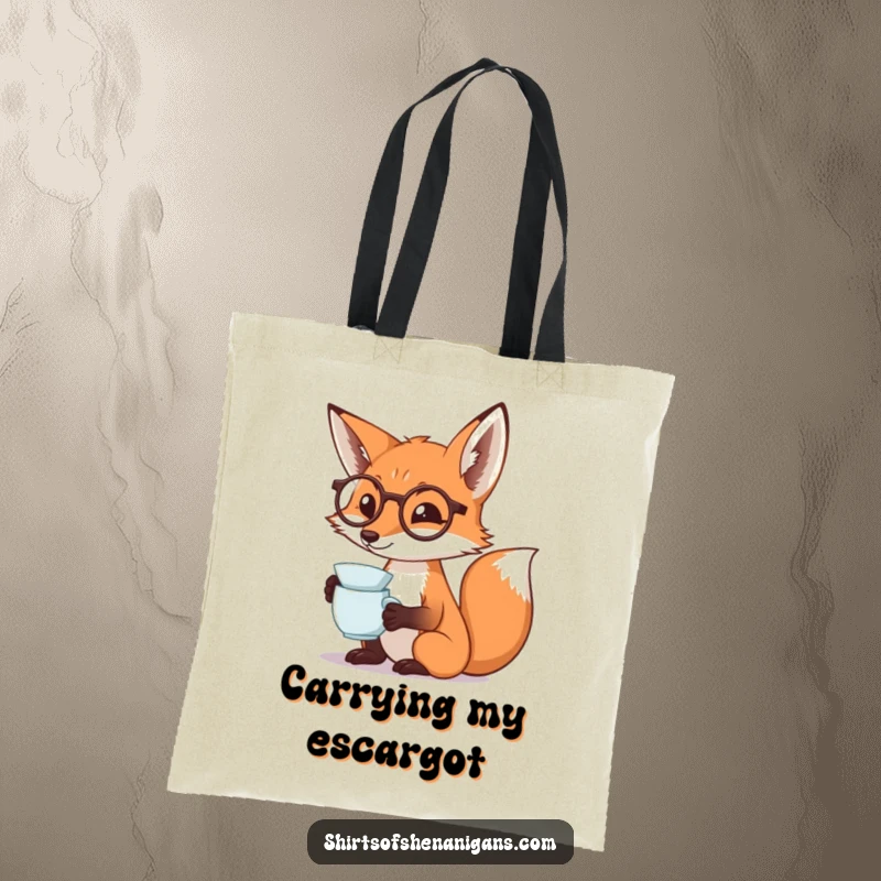 Funny fox tote bag with a monocled fox dramatically sipping tea, perfect for humorous and sophisticated carrying.