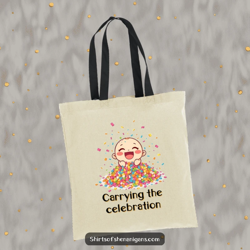Funny Giggling Confetti Tote Bag with a colorful pile of confetti enthusiastically celebrating, a stylish and funny gift for carrying essentials.