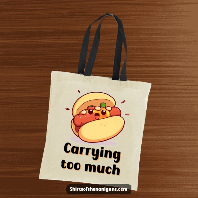 Funny tote bag with a surprised hot dog bun character dramatically bursting its condiment filling, a humorous accessory.