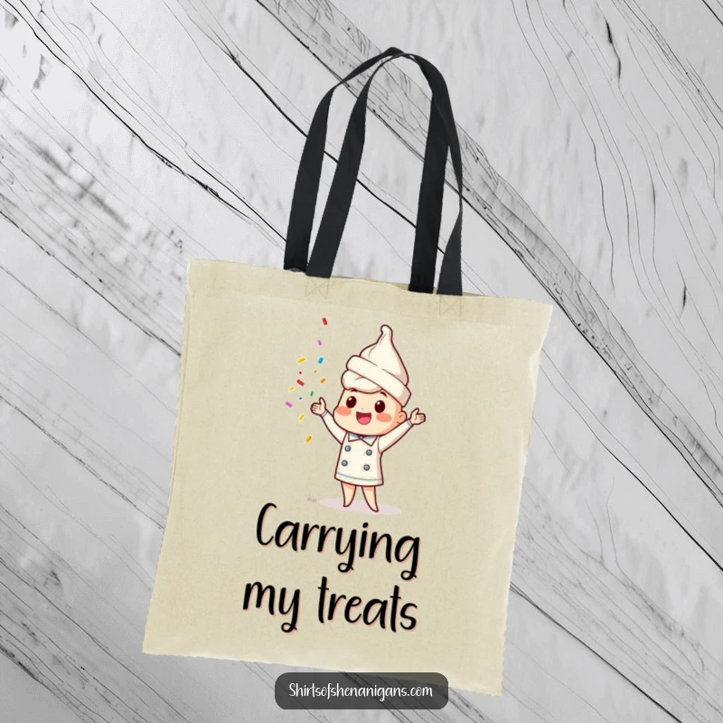 Funny ice cream cone chef tote bag showing a happy character juggling sprinkles, ideal for shopping.