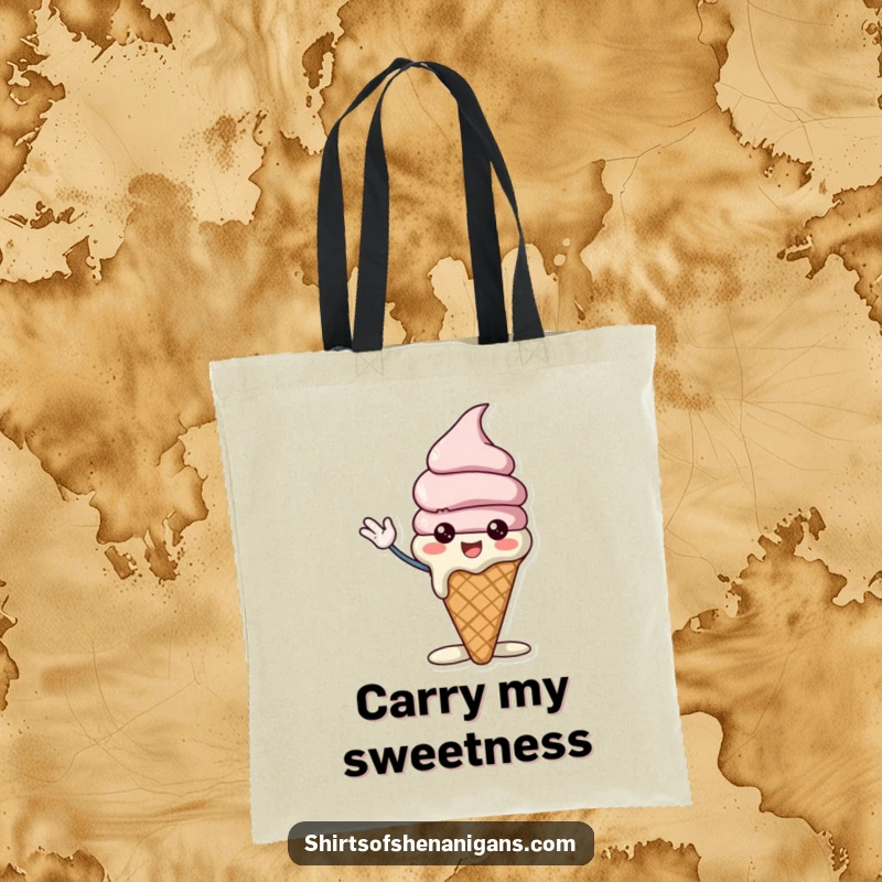 Funny ice cream cone tote bag showing a cheerful character slightly melting while waving excitedly, a sweet and practical accessory.