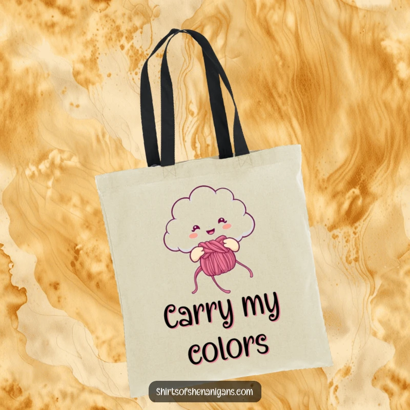 Funny Tote Bag: Cheerful cloud knitting a rainbow, a humorous and practical shopping bag.