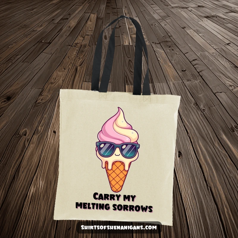 Funny tote bag showcasing a melting ice cream cone wearing sunglasses, looking completely relieved and stylish.