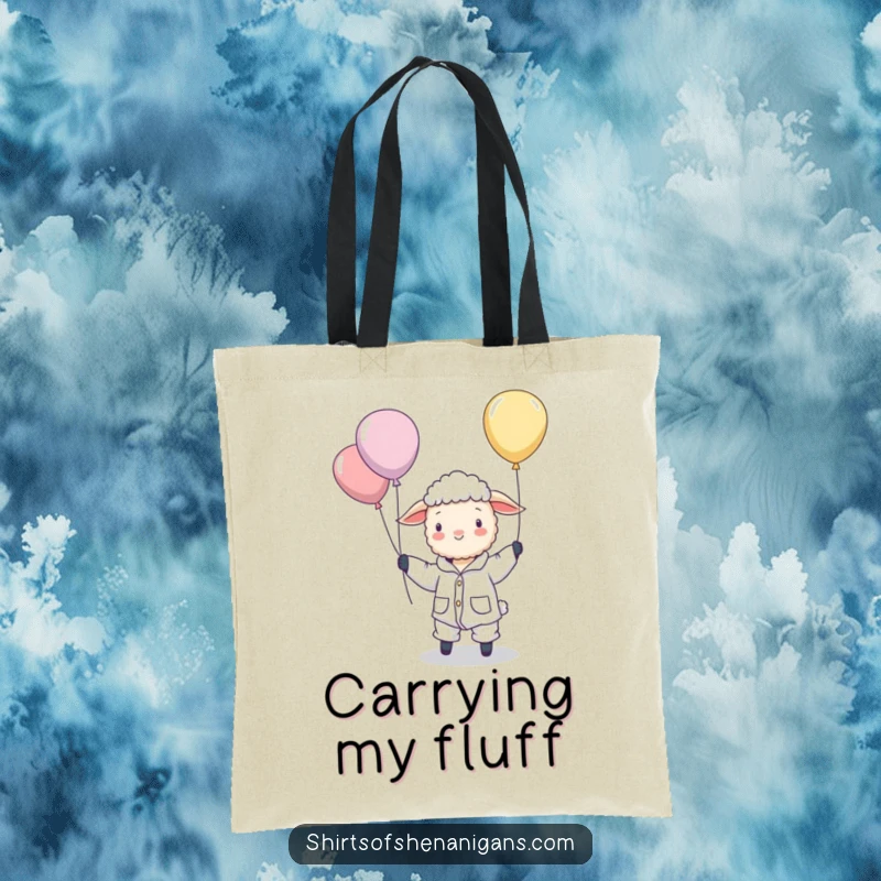 Funny tote bag showcasing a sleepy sheep in pajamas, comically herding colorful floating balloons, great for everyday whimsy.