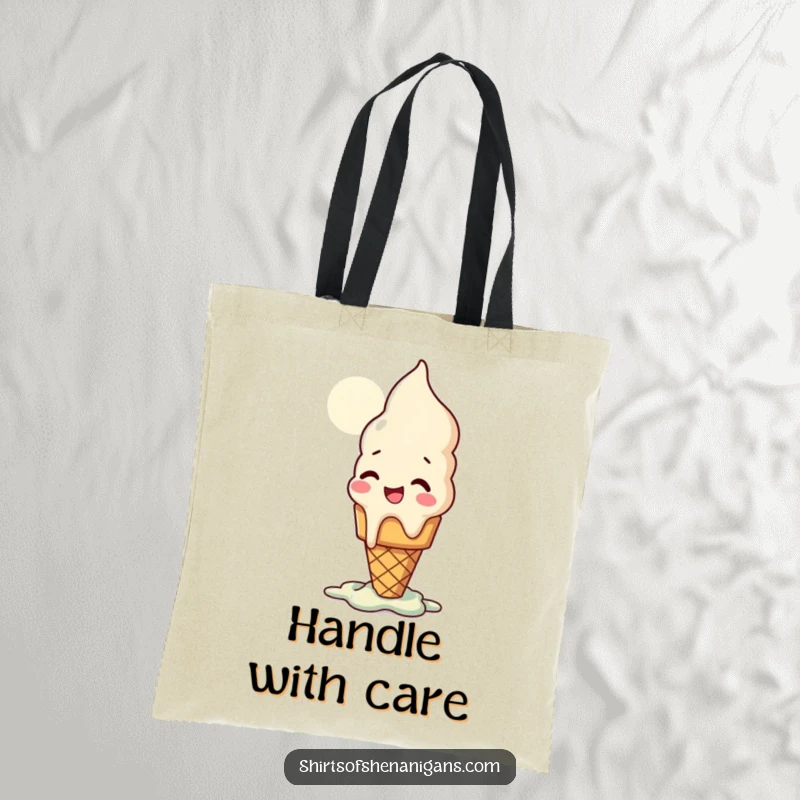 Funny tote bag depicting a giggling ice cream cone melting dramatically in the sun, a sweet and humorous accessory.