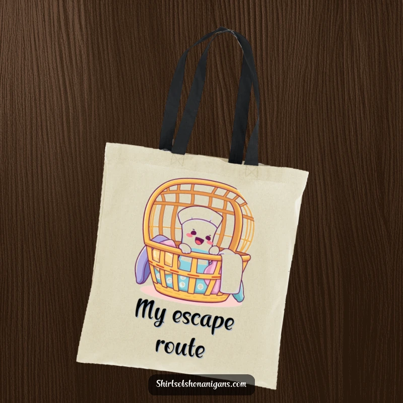 Funny tote bag with a giggling sock trying to climb out of a laundry basket, a humorous laundry scene.
