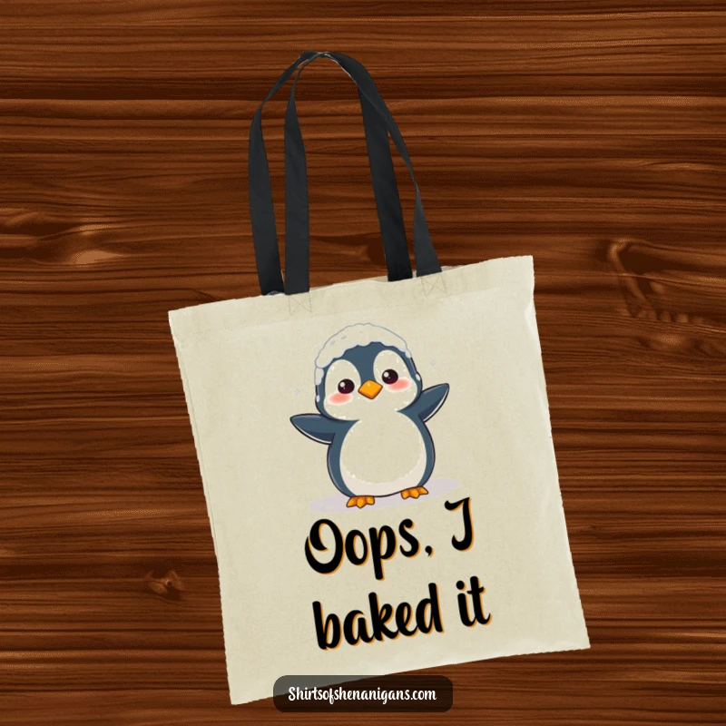 Funny Tote Bag: Clumsy penguin covered in flour looks confused, perfect for carrying baking supplies humorously.